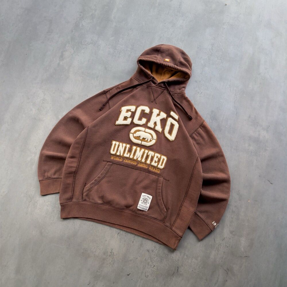 Ecko Unlimited Hoodie Men’s Large Brown 1972 Rhino Varsity Y2K Hip Hop Pullover